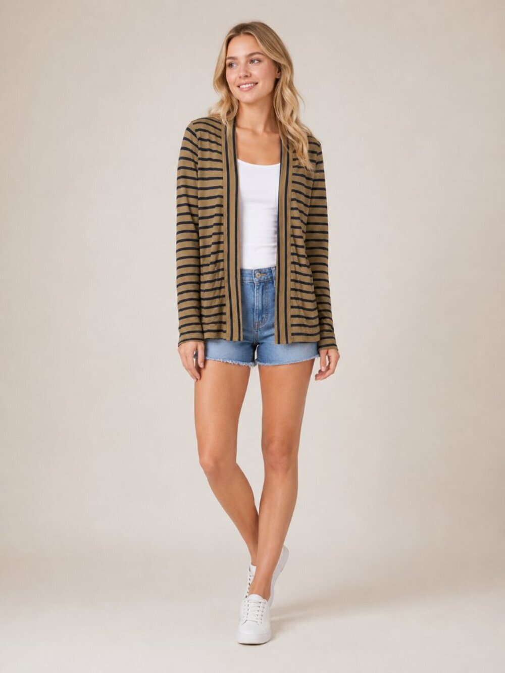 J. Crew Striped Cotton Open Cardigan Olive Navy Small #A3005
